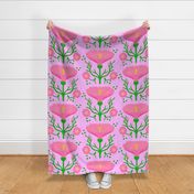 Wake Up Lily Retro Modern Pink Garden Flower With Fluffy Mums On Bubblegum Pink Illustrated Vertical Grandmillennial Coastal Granny Wallpaper Style Scandi Mid-Century Repeat Pattern