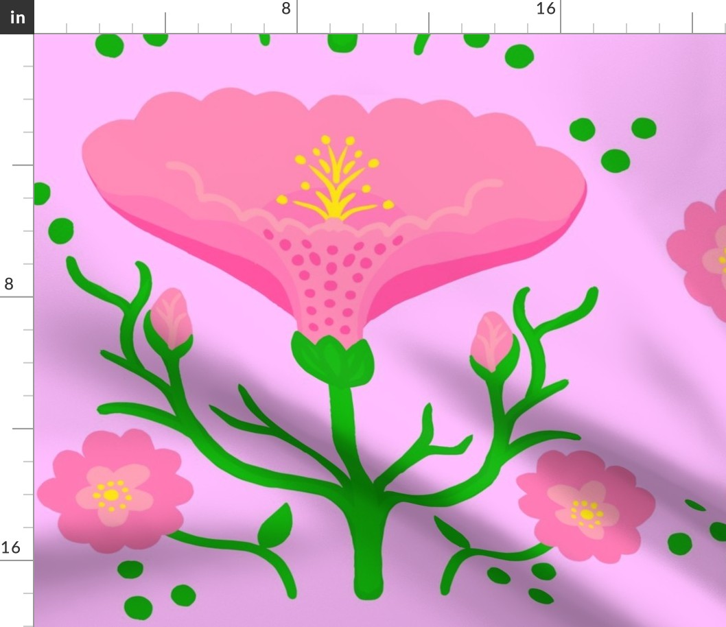 Wake Up Lily Retro Modern Pink Garden Flower With Fluffy Mums On Bubblegum Pink Illustrated Vertical Grandmillennial Coastal Granny Wallpaper Style Scandi Mid-Century Repeat Pattern