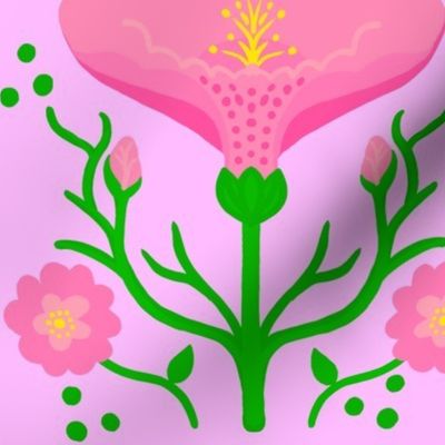 Wake Up Lily Mini Retro Modern Pink Garden Flower With Fluffy Mums On Bubblegum Pink Illustrated Vertical Grandmillennial Coastal Granny Wallpaper Style Scandi Mid-Century Repeat Pattern