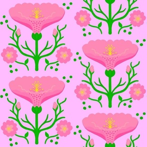 Wake Up Lily Mini Retro Modern Pink Garden Flower With Fluffy Mums On Bubblegum Pink Illustrated Vertical Grandmillennial Coastal Granny Wallpaper Style Scandi Mid-Century Repeat Pattern