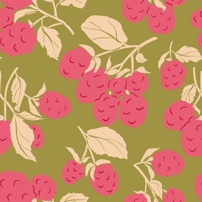 Garden Raspberries on Branch, Modern Farmhouse, Wild Berries on  Olive Green Background - Large Scale