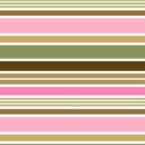 Preppy Stripes // Horizontal // Pink, Green, Brown, White // V6 // Small Scale - 1800 DPI