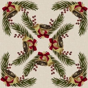 Vintage Christmas - Bells and Pines - Cream Background- Mid Size