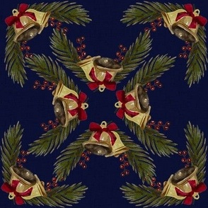 Vintage Christmas - Bells and Pines - Dark Blue Background- Mid Size
