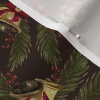 Vintage Christmas - Bells and Pines - Dark Brown Background- Mid Size