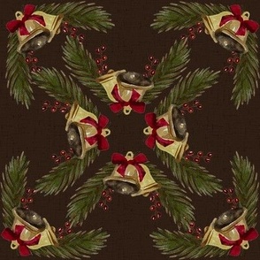 Vintage Christmas - Bells and Pines - Dark Brown Background- Mid Size