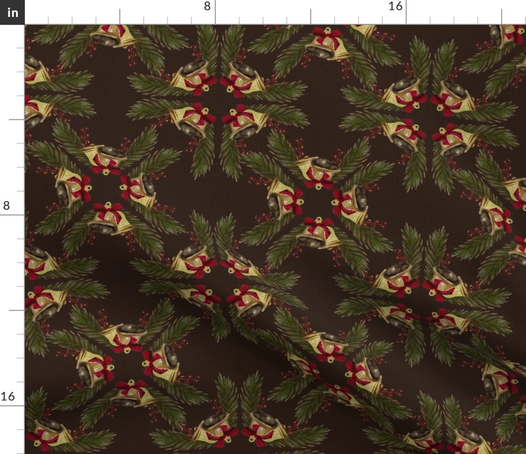 Vintage Christmas - Bells and Pines - Dark Brown Background- Mid Size