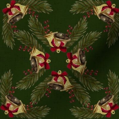 Vintage Christmas - Bells and Pines - Dark Green Background- Mid Size