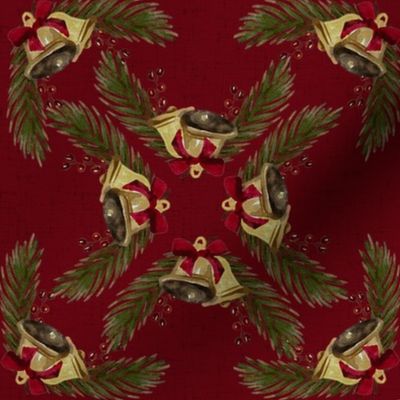 Vintage Christmas - Bells and Pines - Dark Red Background- Mid Size