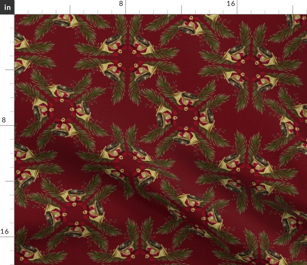 Vintage Christmas - Bells and Pines - Dark Red Background- Mid Size