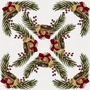 Vintage Christmas - Bells and Pines - Ivory Background- Mid Size
