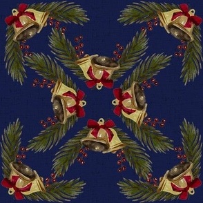 Vintage Christmas - Bells and Pines - Navy Background- Mid Size