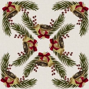 Vintage Christmas - Bells and Pines - Offwhite Background- Mid Size