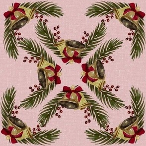 Vintage Christmas - Bells and Pines - Old Pink Background- Mid Size