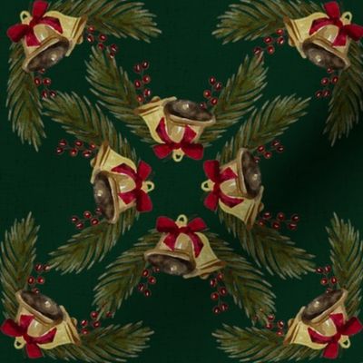 Vintage Christmas - Bells and Pines - Ponderosa Pine Green Background- Mid Size