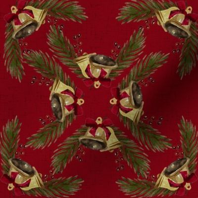 Vintage Christmas - Bells and Pines - True Red Background - Mid Size