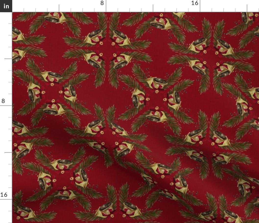 Vintage Christmas - Bells and Pines - True Red Background - Mid Size