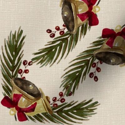 Vintage Christmas - Bells and Pines - Cream Background- Large Size