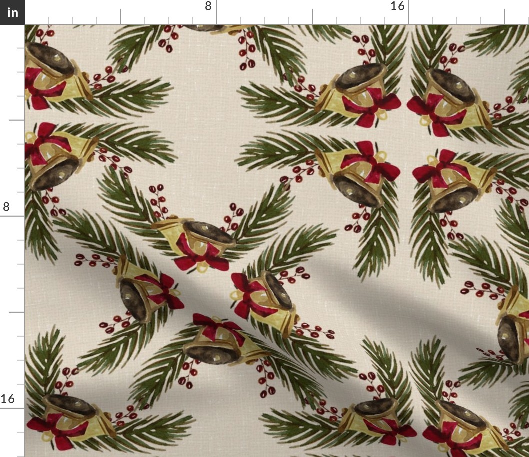 Vintage Christmas - Bells and Pines - Cream Background- Large Size