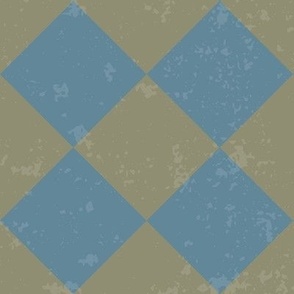 Diagonal Checkerboard with Texture in Blue on Olive Green - Medium