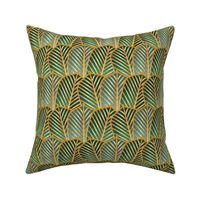 Waving art deco palms gold,  moss green and aquamarine blue - Small scale