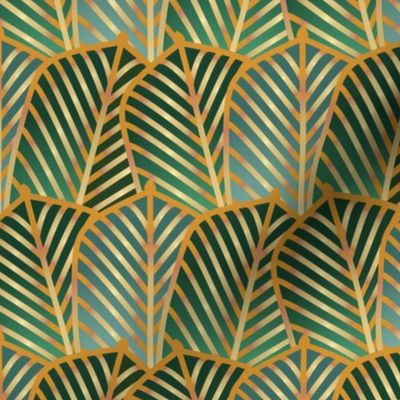 Waving art deco palms gold,  moss green and aquamarine blue - Small scale