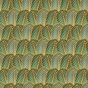 Waving art deco palms gold,  moss green and aquamarine blue - Small scale