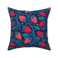 Secret strawberry garden blue and red dark background - home decor - bedding - wallpaper - curtains - whimsical.