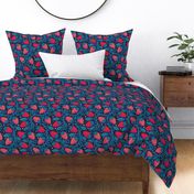 Secret strawberry garden blue and red dark background - home decor - bedding - wallpaper - curtains - whimsical.