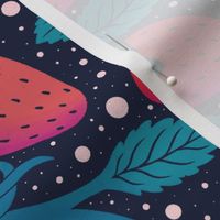 Secret strawberry garden blue and red dark background - home decor - bedding - wallpaper - curtains - whimsical.