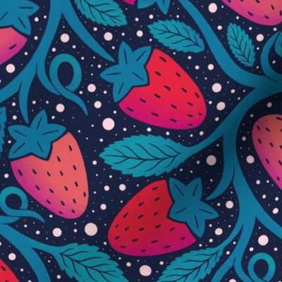 Secret strawberry garden blue and red dark background - home decor - bedding - wallpaper - curtains - whimsical.