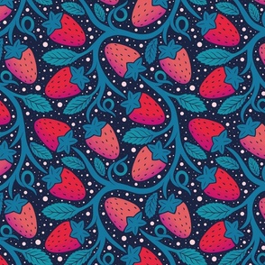 Secret strawberry garden blue and red dark background - home decor - bedding - wallpaper - curtains - whimsical.