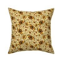 6” repeat Art deco floral whimsy,  handdrawn boho botanicals with faux woven burlap texture in orange, yellow, dark green and gold effect on very pale yellow