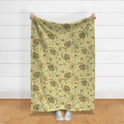 24” repeat Art deco floral whimsy,  handdrawn boho botanicals with faux woven burlap texture in pale yellow,earthy brown and denim air force blue gold effect on very pale yellow