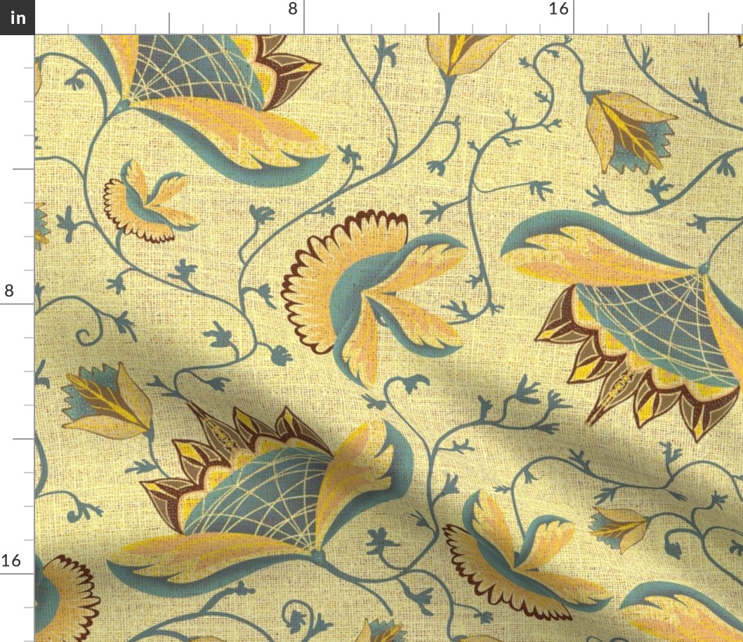 24” repeat Art deco floral whimsy,  handdrawn boho botanicals with faux woven burlap texture in pale yellow,earthy brown and denim air force blue gold effect on very pale yellow