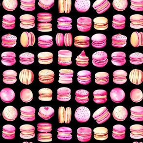French Macaron Pink Pastel Watercolor Pattern On Black Smaller Scale