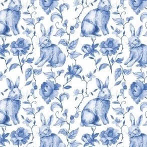 Bunny Floral Toile in Wedgewood Blue on White - Coordinate - Custom Scale