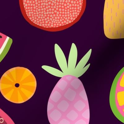 Tropical Fruit Fiesta Summer Pattern On Dark Purple Large Scale