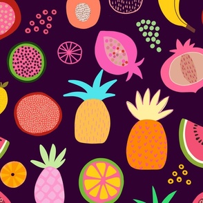 Tropical Fruit Fiesta Summer Pattern On Dark Purple Large Scale