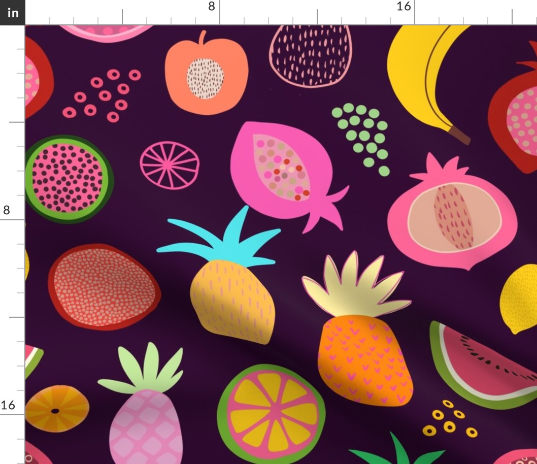 Tropical Fruit Fiesta Summer Pattern On Dark Purple Large Scale