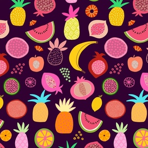 Tropical Fruit Fiesta Summer Pattern On Dark Purple Medium Scale