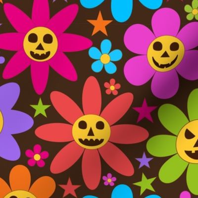 Retro Groovy Halloween Scary Colorful Flowers  with little stars on Dark Brown 