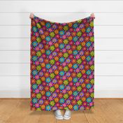 Retro Groovy Halloween Scary Colorful Flowers  with little stars on Dark Brown 