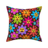 Retro Groovy Halloween Scary Colorful Flowers  with little stars on Dark Brown 