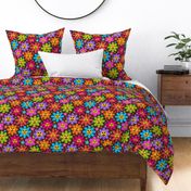 Retro Groovy Halloween Scary Colorful Flowers  with little stars on Dark Brown 