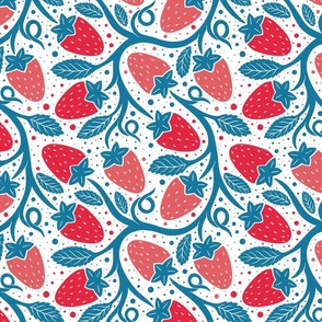 Secret strawberry garden blue and red light background - home decor - bedding - wallpaper - curtains - whimsical.