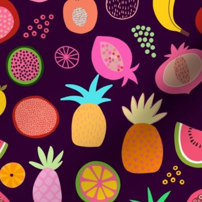 Tropical Fruit Fiesta Summer Pattern On Dark Purple Smaller Scale