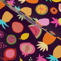 Tropical Fruit Fiesta Summer Pattern On Dark Purple Smaller Scale