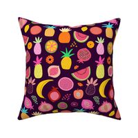 Tropical Fruit Fiesta Summer Pattern On Dark Purple Smaller Scale