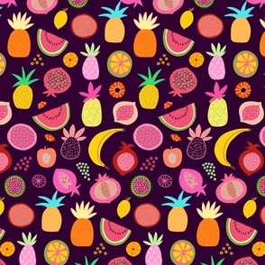 Tropical Fruit Fiesta Summer Pattern On Dark Purple Smaller Scale